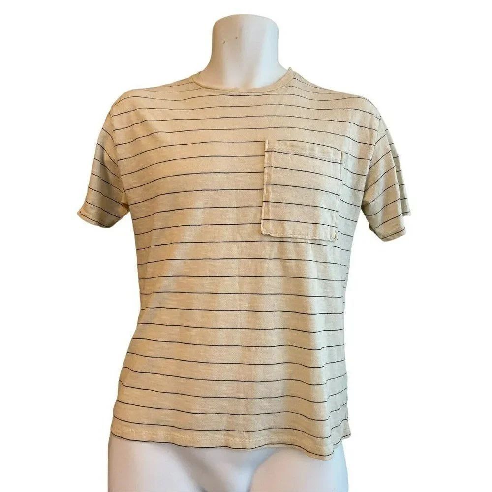 Zara Kids Boys Size 11 - 12 Pocket T Shirt Tee Pale Yellow Striped Short Sleeve